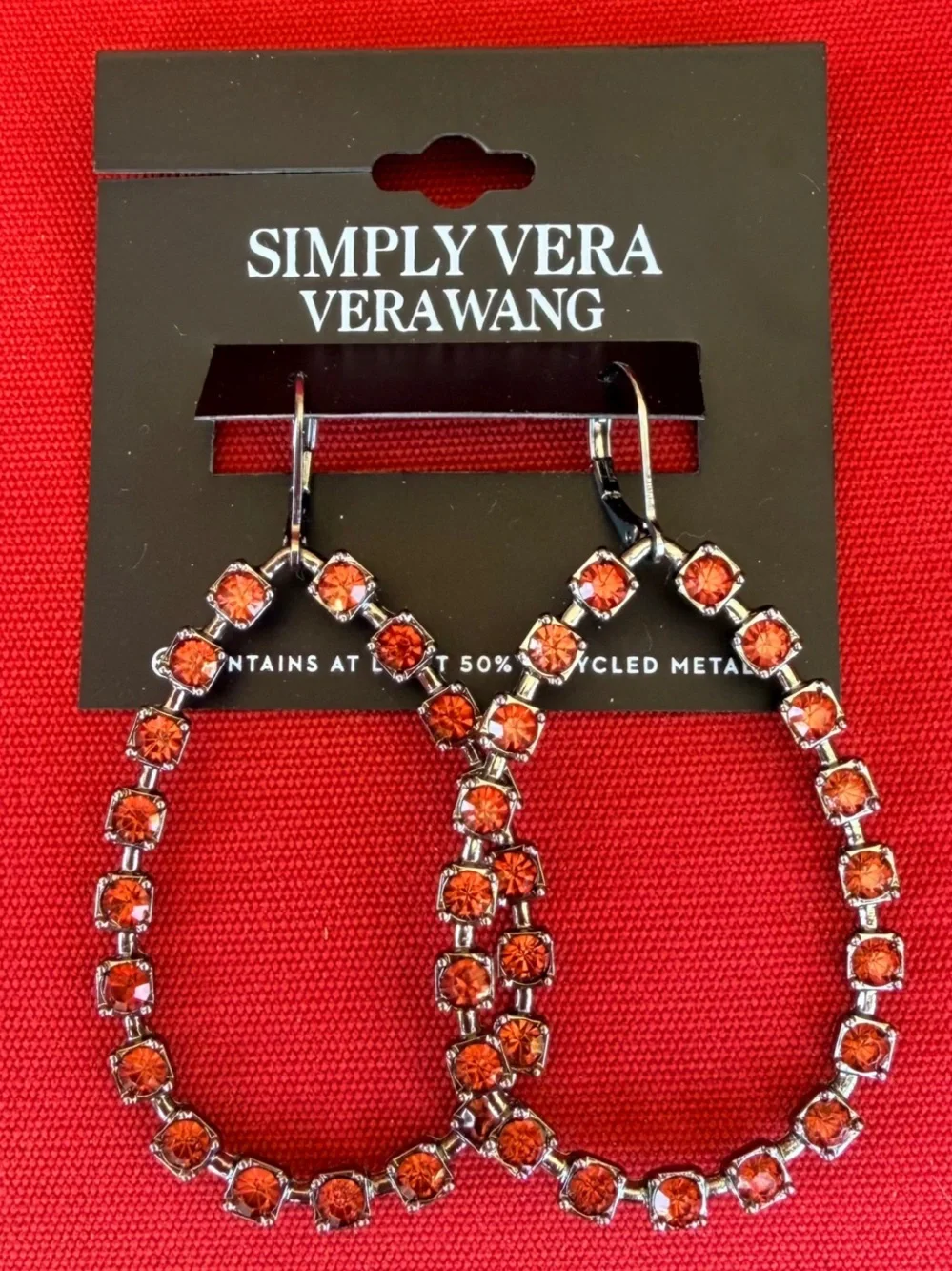 VERA WANG Gunmetal & red crystal Teardrop earrings.